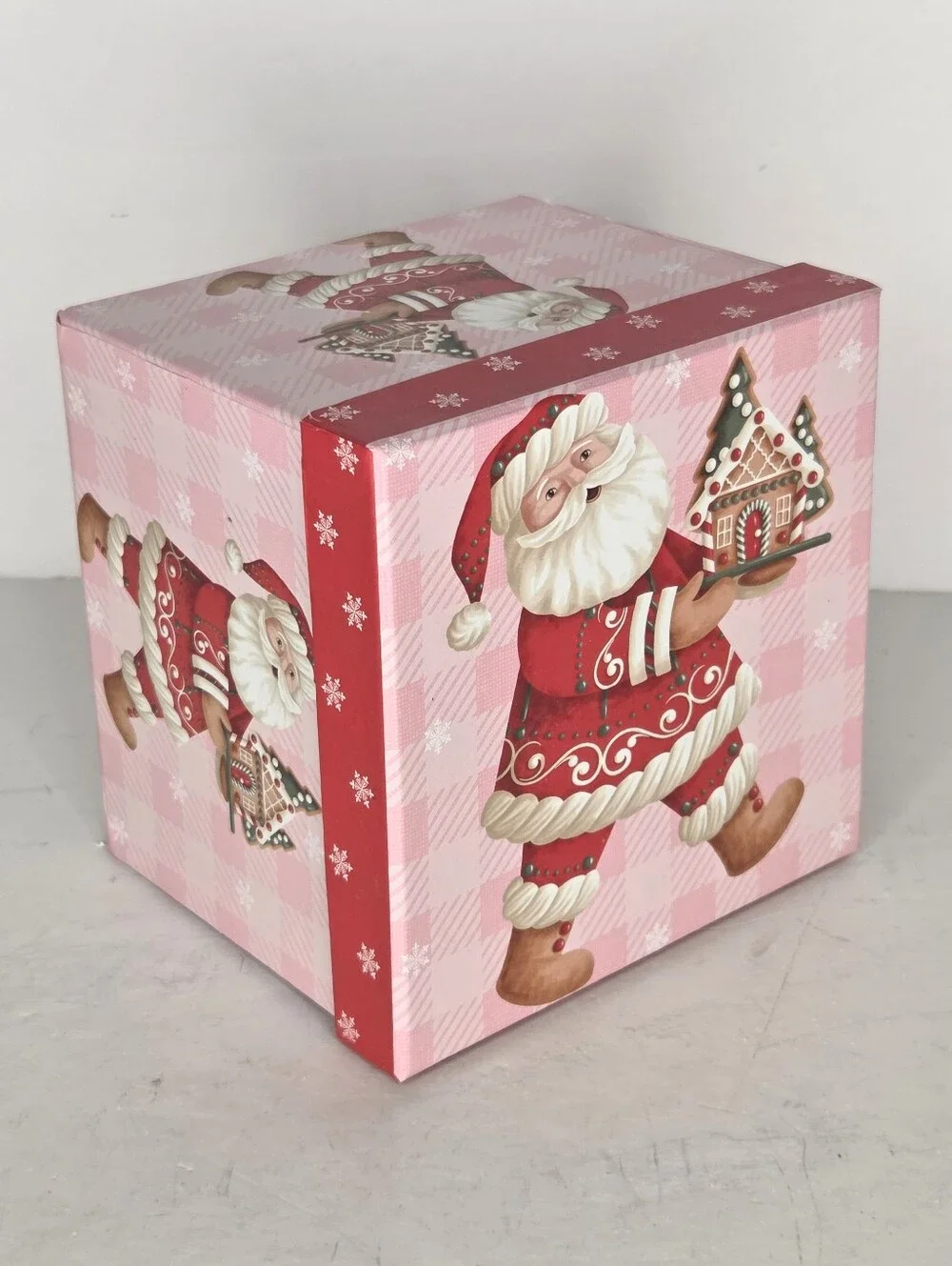 Pastel Pink Santa Claus Gingerbread Gift Box Holiday Decor